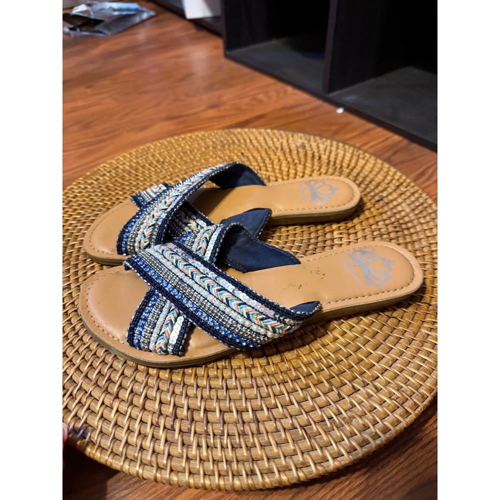 Fergalicious by Fergie Starlit Beaded Sequin Crisscross Slide Sandals Blue 6.5M - Picture 2 of 12